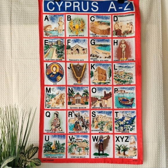 Vintage 1995 Cyprus A-Z Cotton Cloth Wall Hanging 17.5"×28.5" - Picture 1 of 8